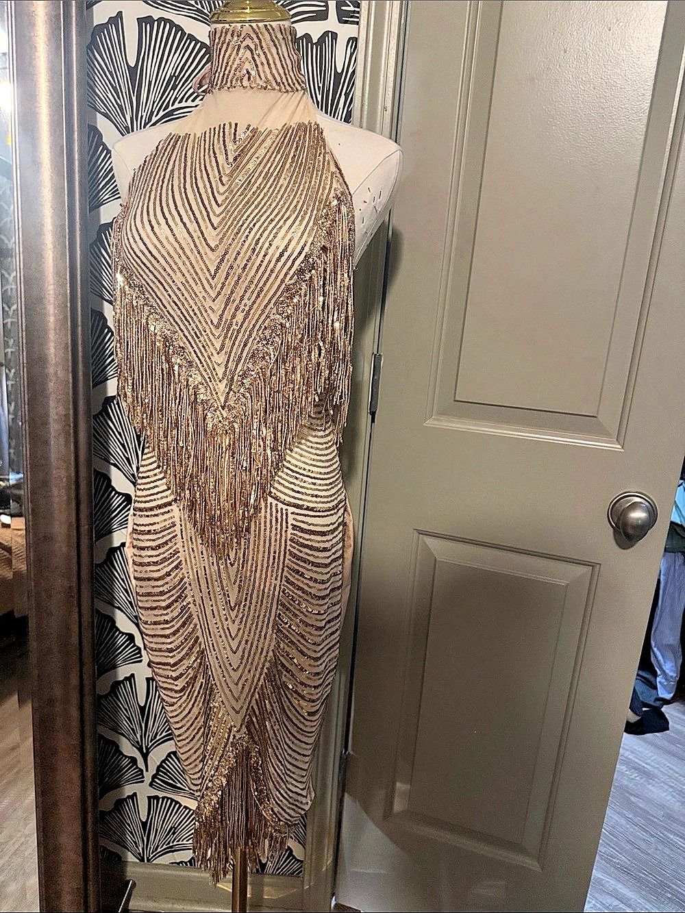 Gold & Cream Beaded Fringe Maxi Dress Like New